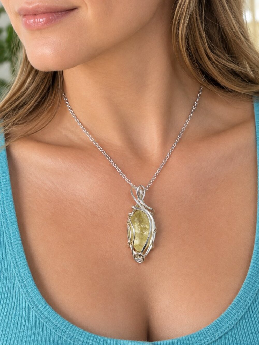 Handmade Natural Citrine , Silver-Plated Copper Wire Wrapped Pendant Necklace